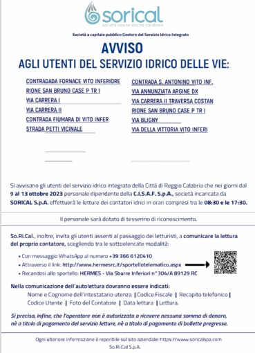 Continuano le letture dei contatori idrici degli utenti di Reggio Calabria.  Ecco il nuovo calendario a partire da lunedì 9 ottobre - Sorical spa